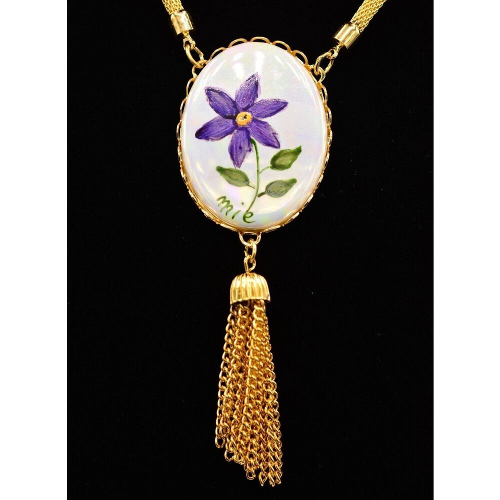 Mie Vintage Pendant Necklace Flower Hand Painted Multi-Strand Tassel Signed BinA